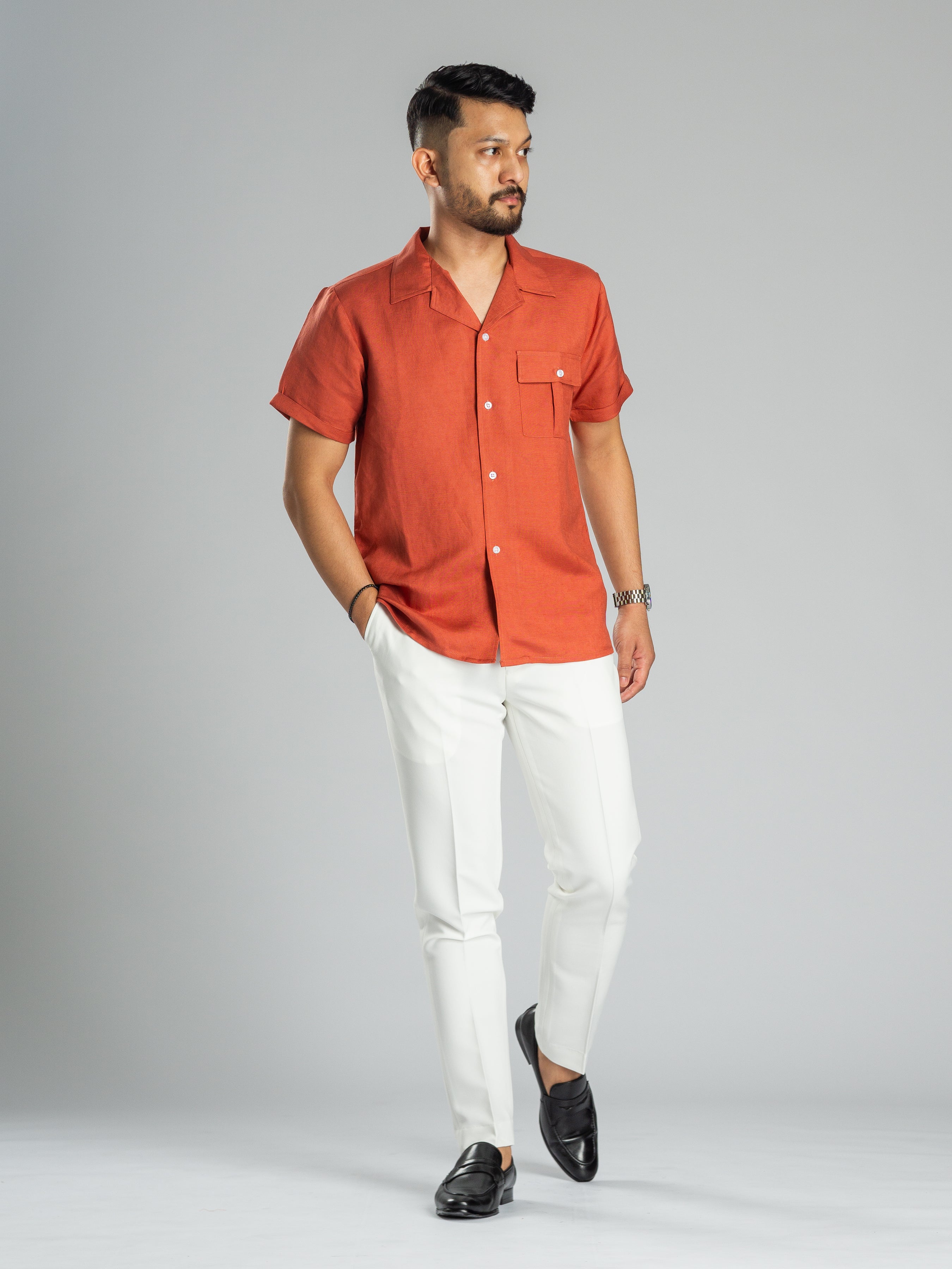 Brick Red Linen Cuban Collar Shirt