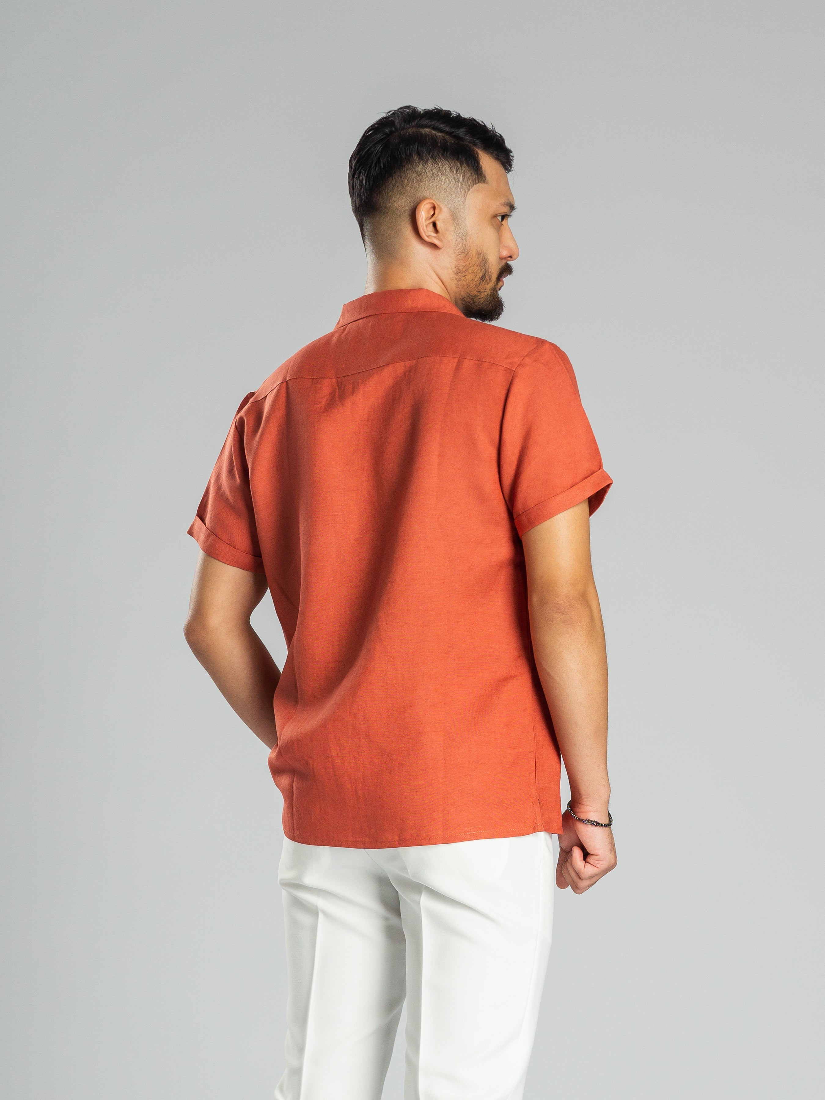 Brick Red Linen Cuban Collar Shirt