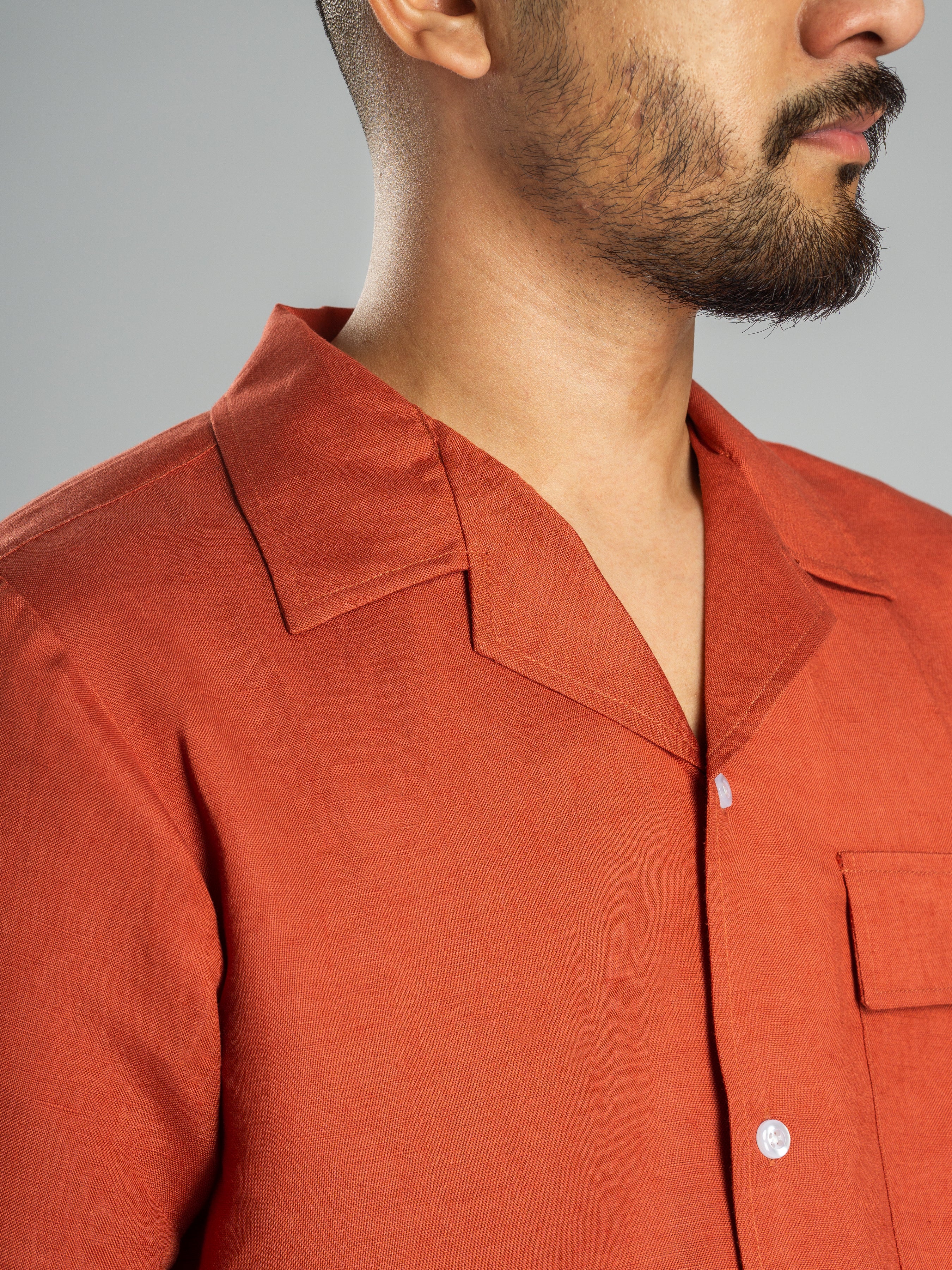 Brick Red Linen Cuban Collar Shirt