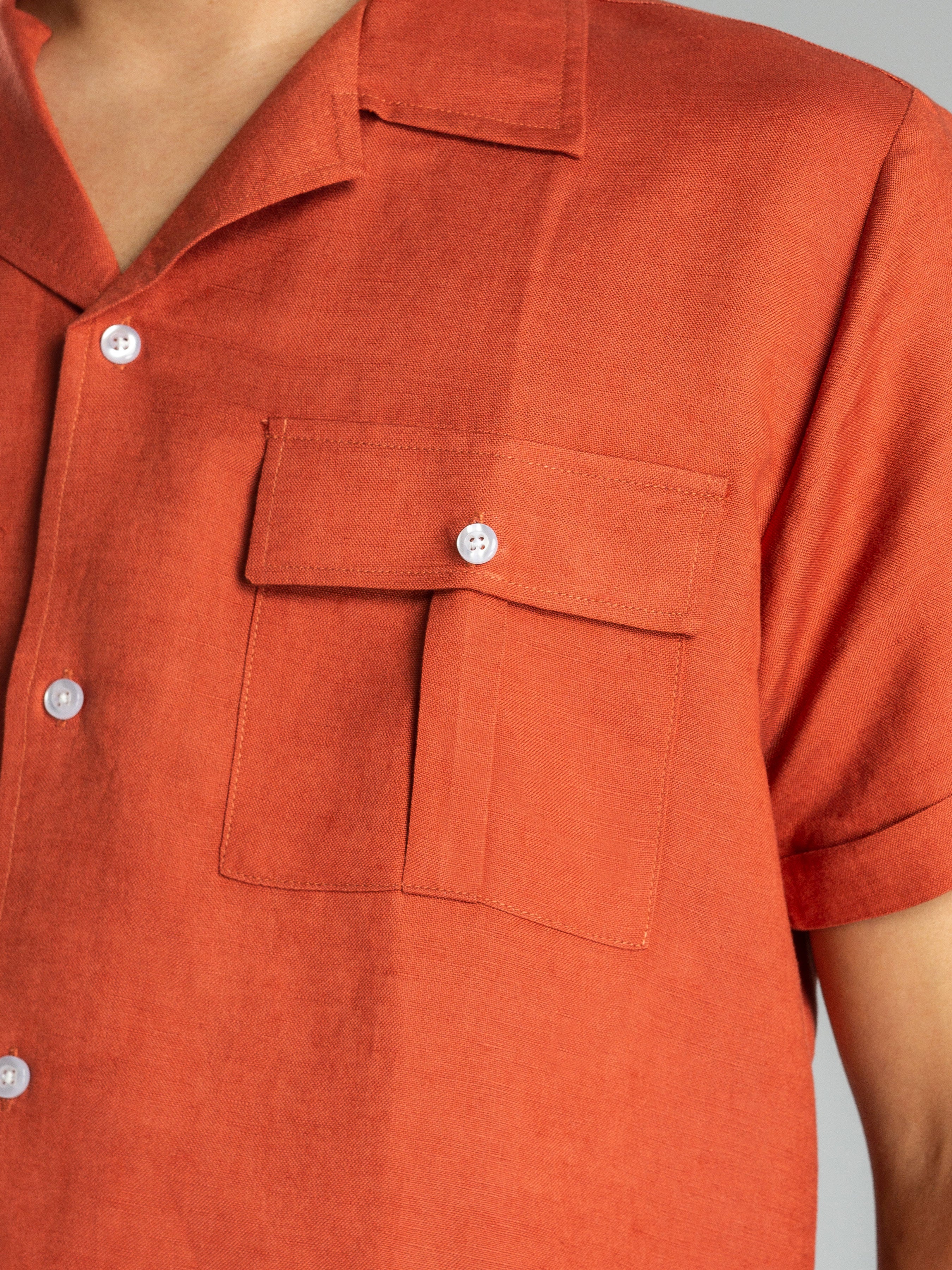 Brick Red Linen Cuban Collar Shirt