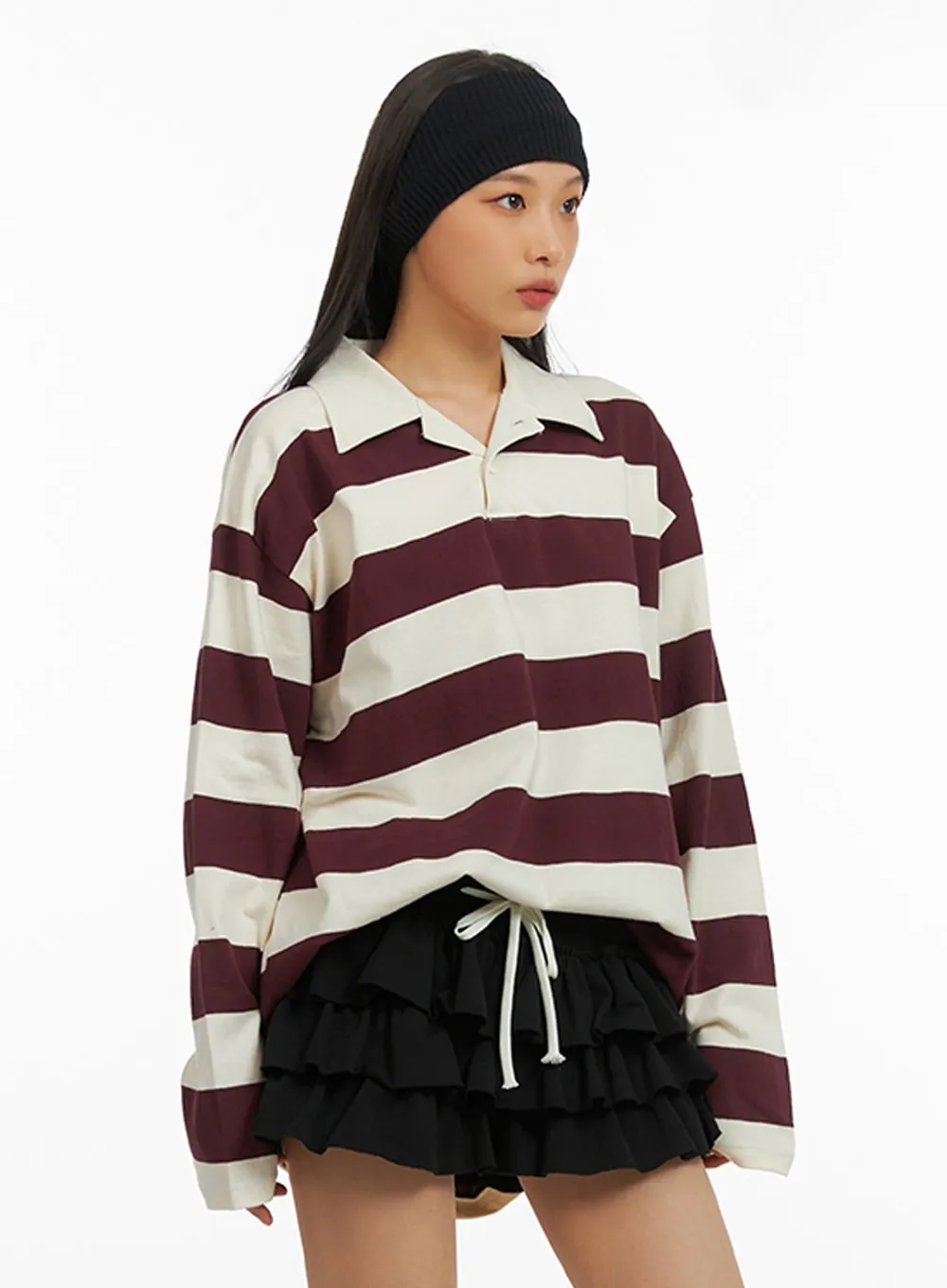 Oversized Polo Shirt with Collar Stripe by IA417