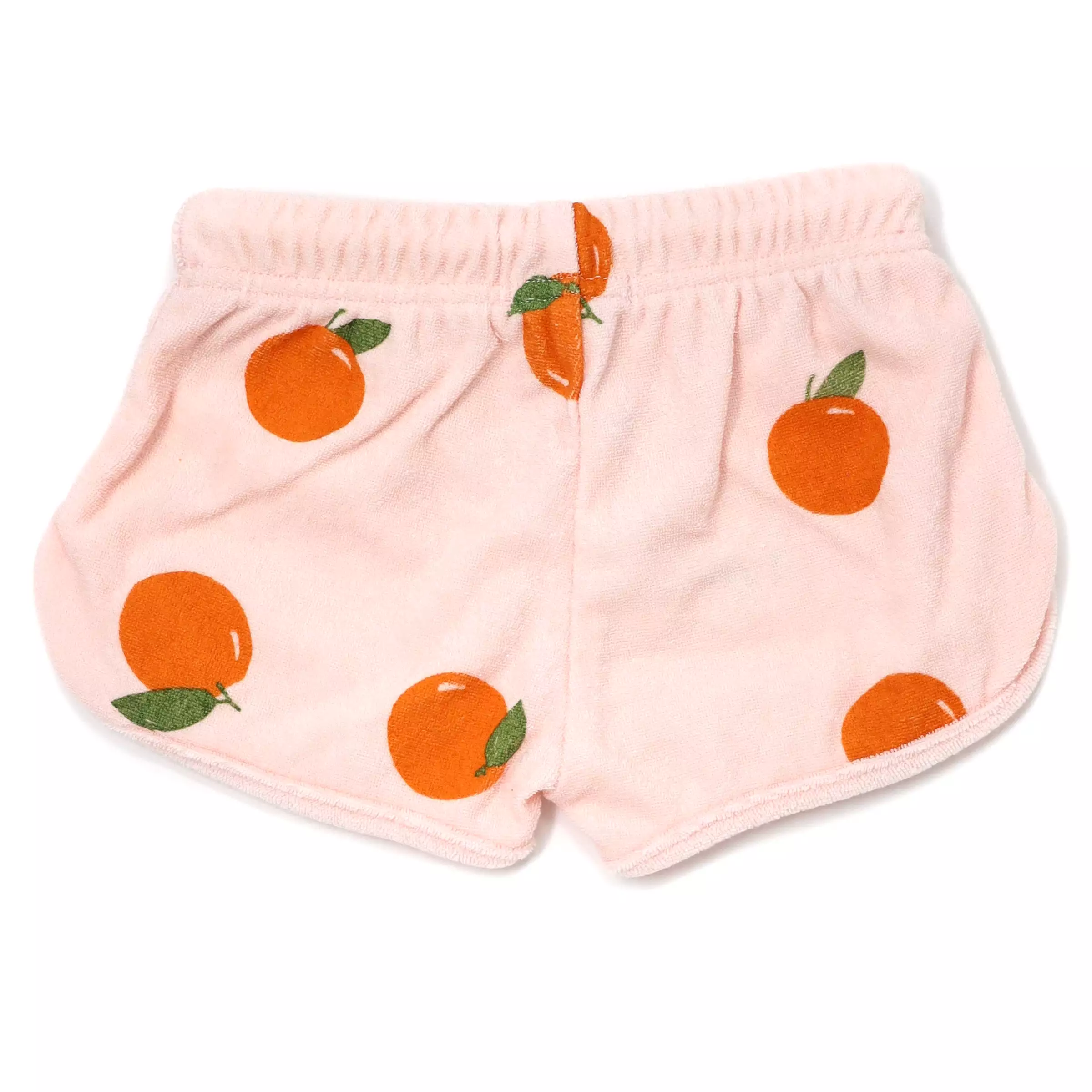 Cotton drawstring track shorts with oranges print in pale pink.