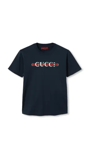 Cotton Jersey T-Shirt with Print in Navy