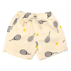 Cotton Terry Boys Track Shorts - Tennis Print - Natural