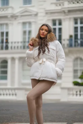 Cream Faux Fur Puffer Coat with Drawstring Waist and Belt