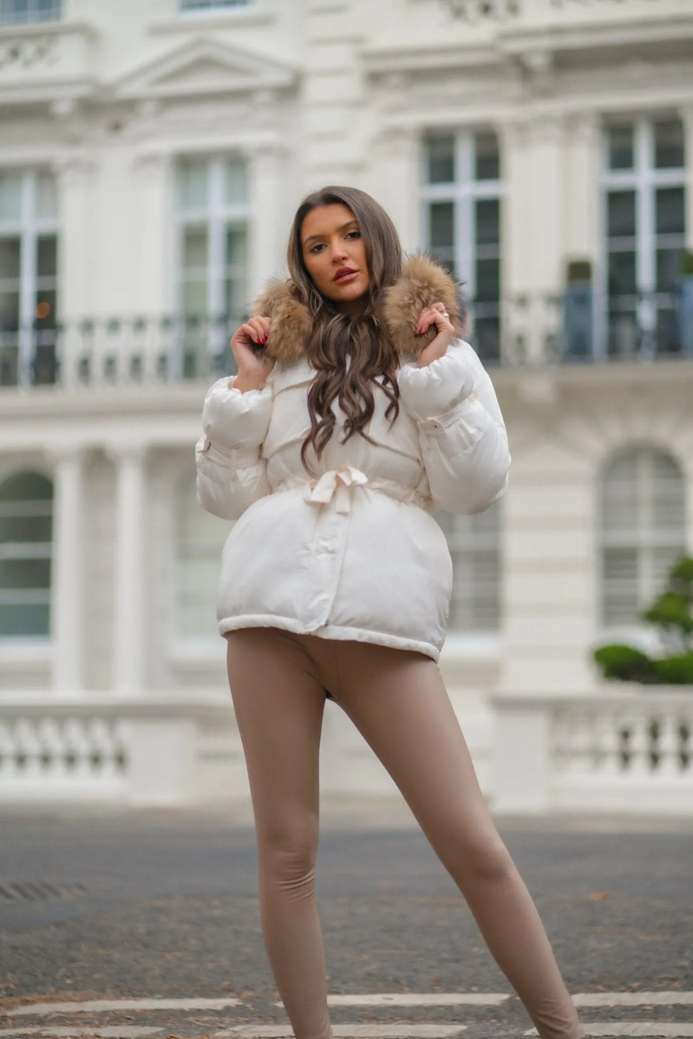 Cream Faux Fur Puffer Coat with Drawstring Waist and Belt