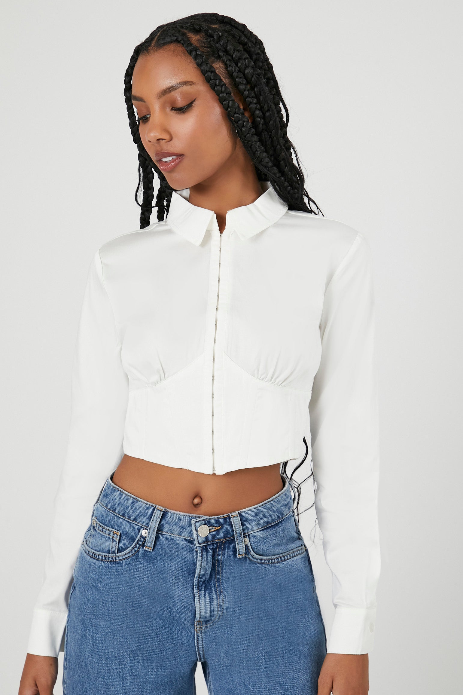 Cropped Poplin Shirt with Hook-and-Eye Closure