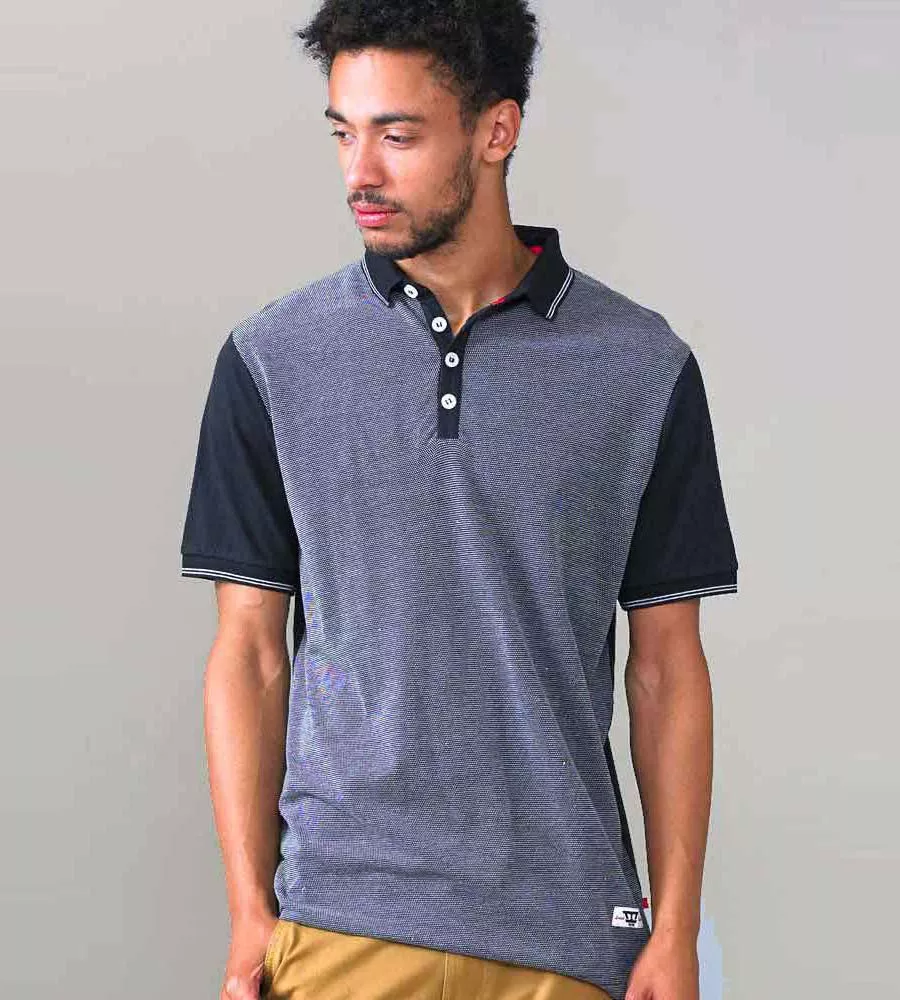 D555 Navy Jaquard Polo Shirt with Jersey Back and Sleeve