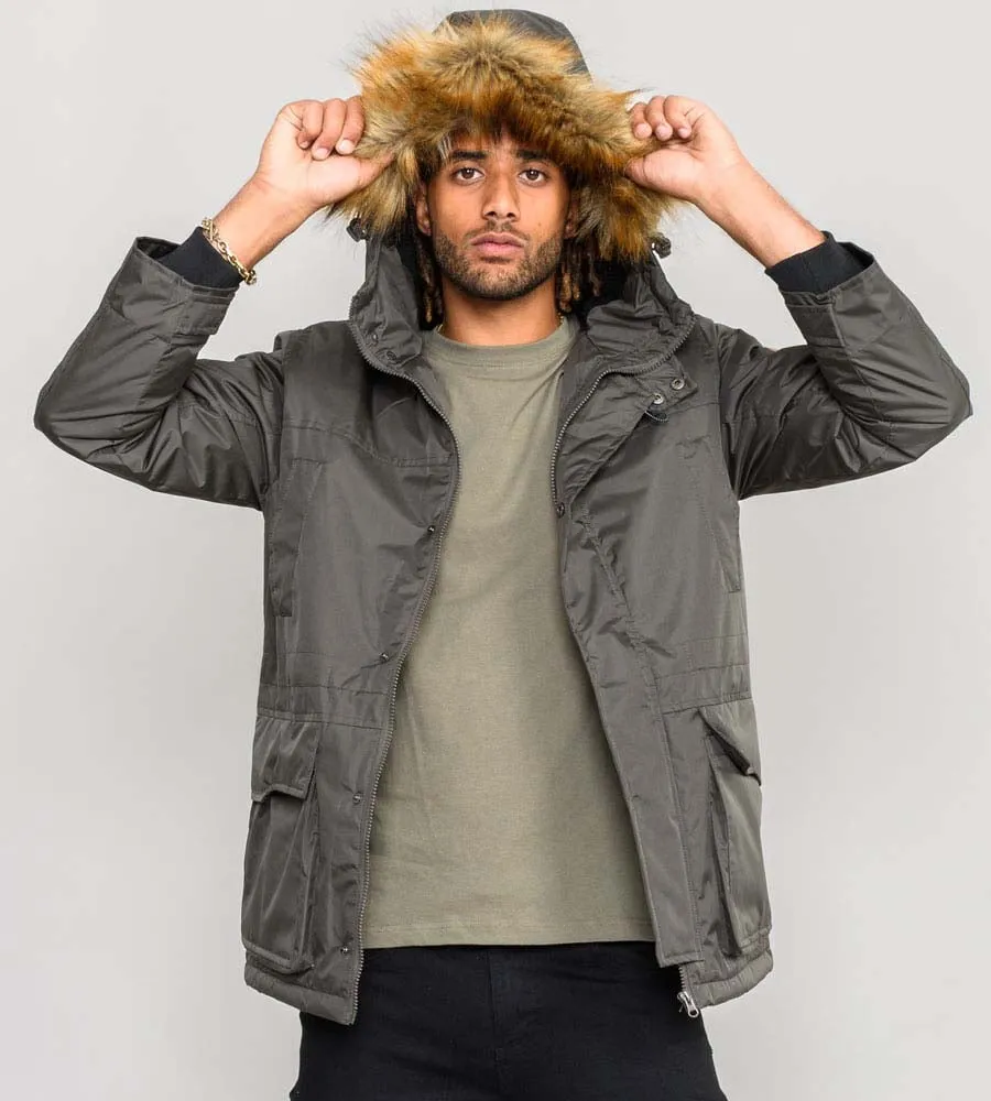 Mens Khaki Parka Style Jacket With Detachable Fur Trim (LOVETT KHAKI)