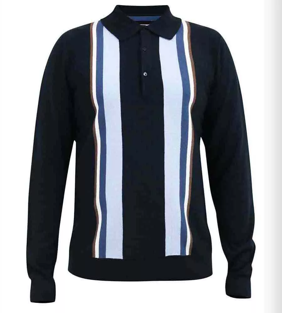 D555 Mens Long Sleeve Knitted Polo With Stripes DARLEY