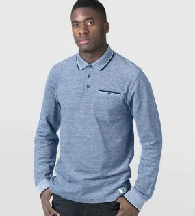 D555 Blue Long Sleeve Polo Shirt with Jacquard Collar and Cuff