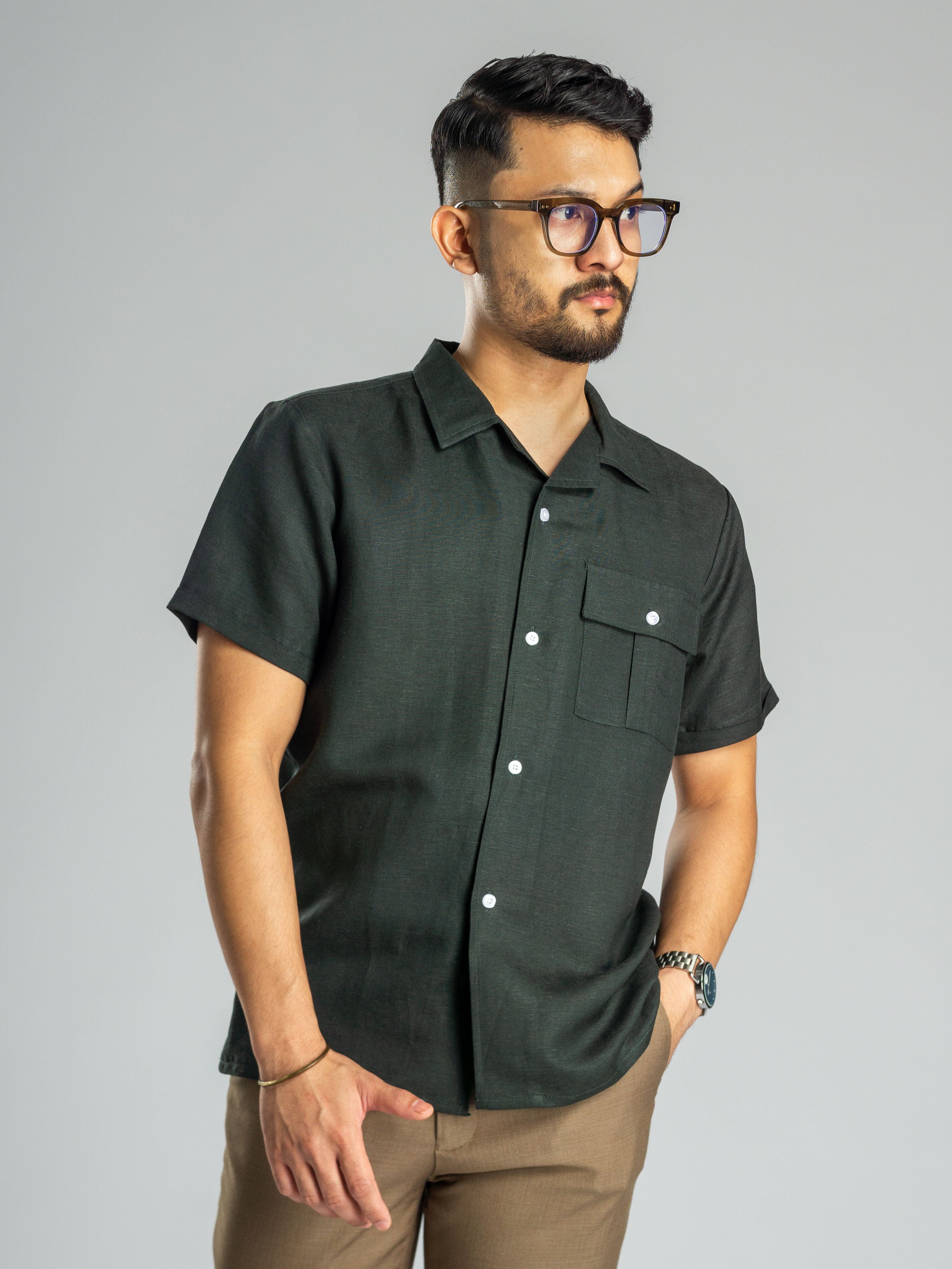 Dark Green Linen Cuban Collar Shirt