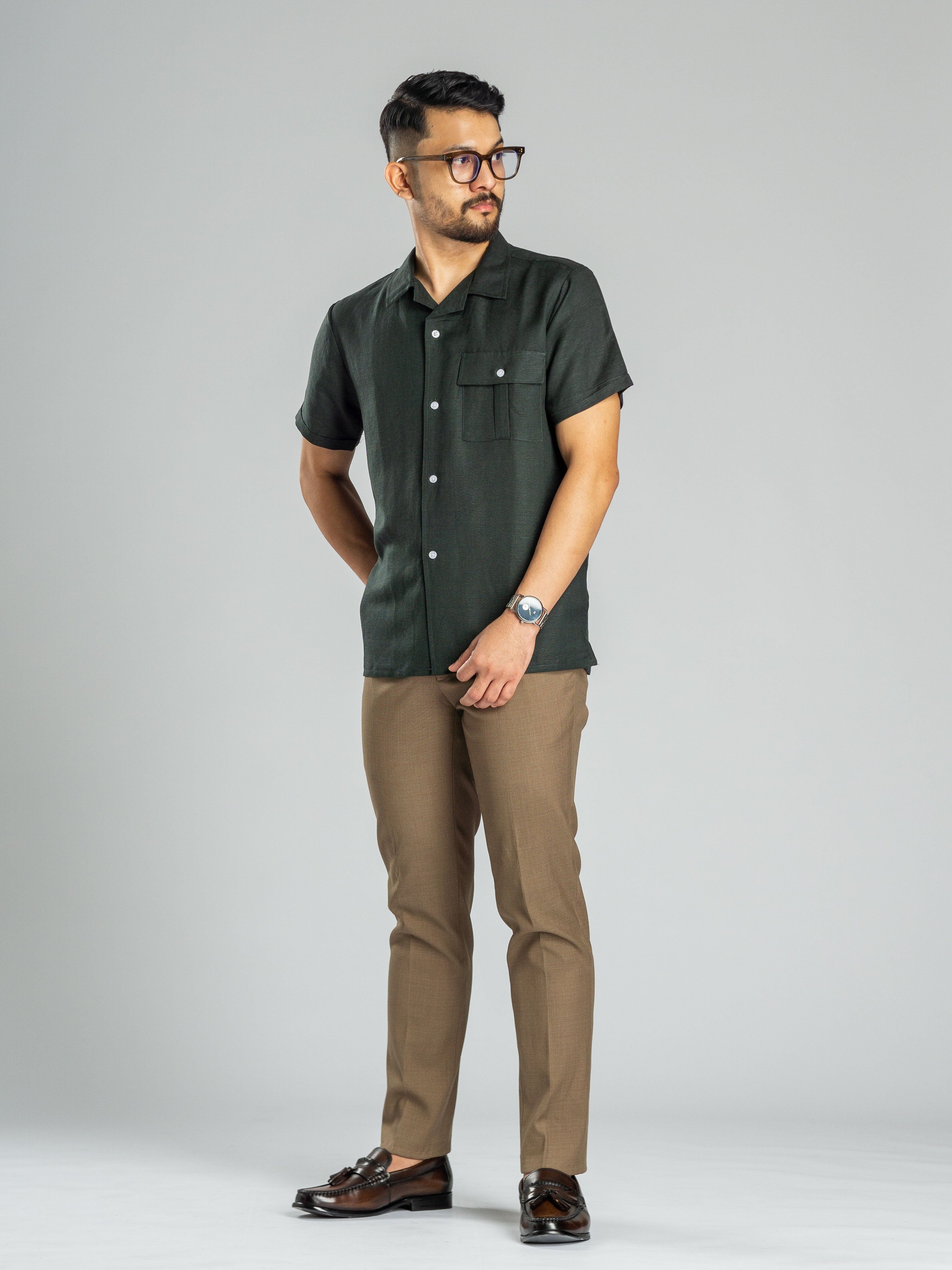 Dark Green Linen Cuban Collar Shirt