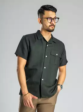 Dark Green Linen Cuban Collar Shirt