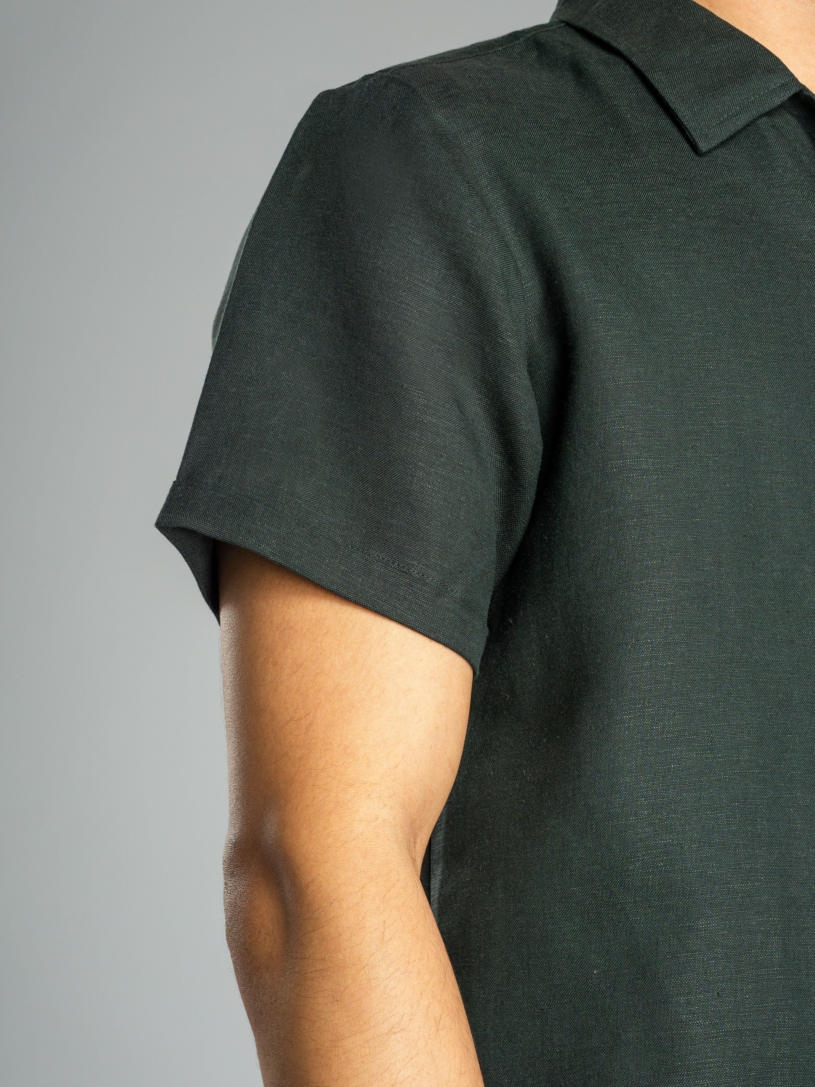 Dark Green Linen Cuban Collar Shirt