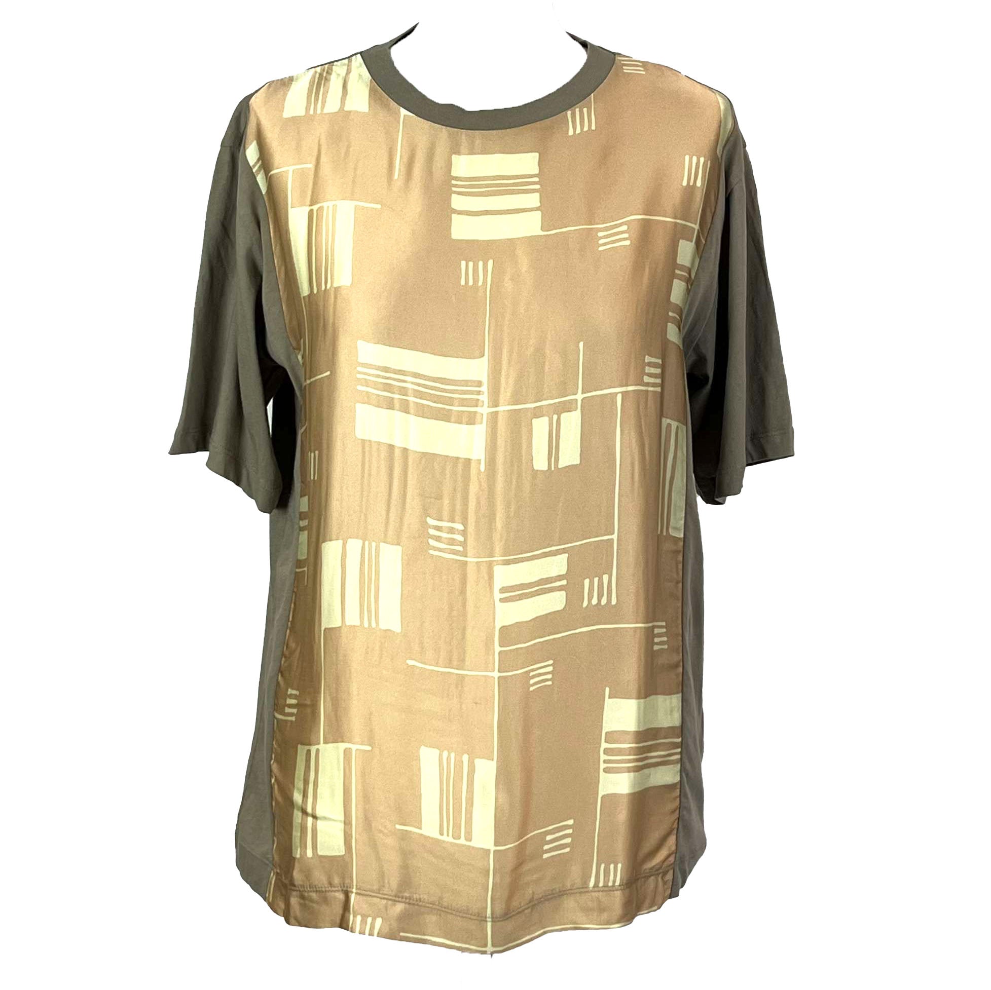 Dries Van Noten Taupe and Peach Silk Print Tee Shirt XS