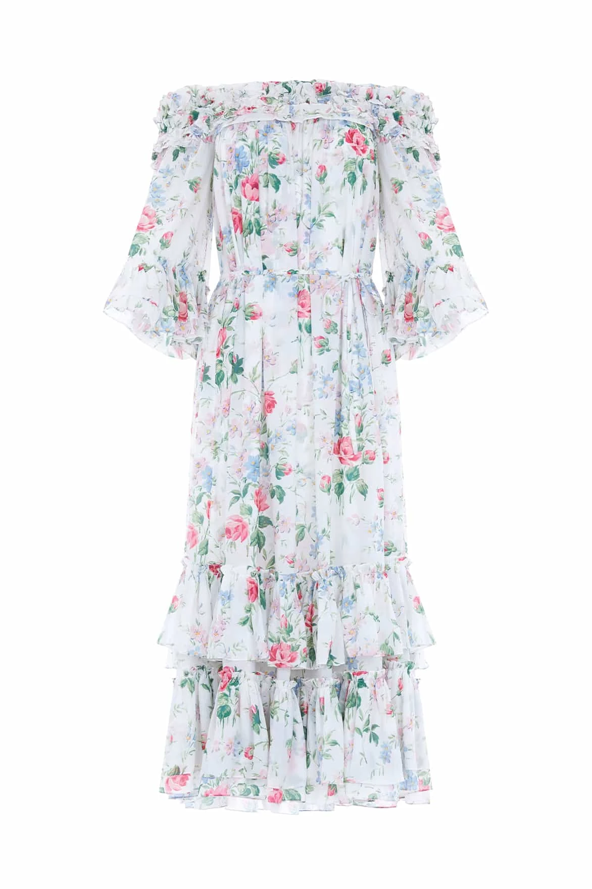 Floral Chiffon Off-Shoulder Gown with Ankle-Length Hem