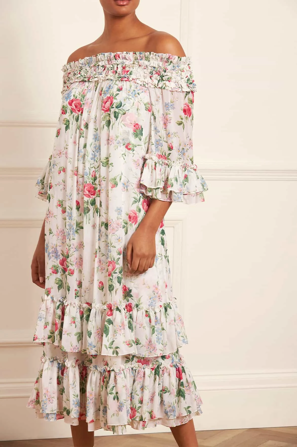 Floral Chiffon Off-Shoulder Gown with Ankle-Length Hem