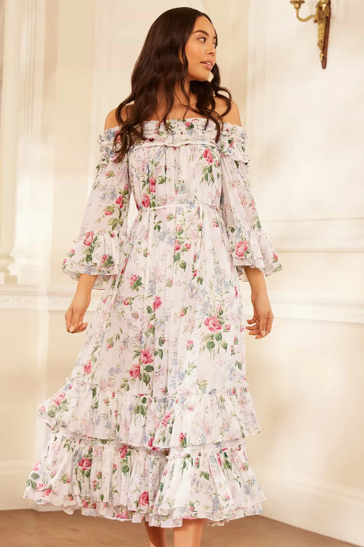 Floral Chiffon Off-Shoulder Gown with Ankle-Length Hem