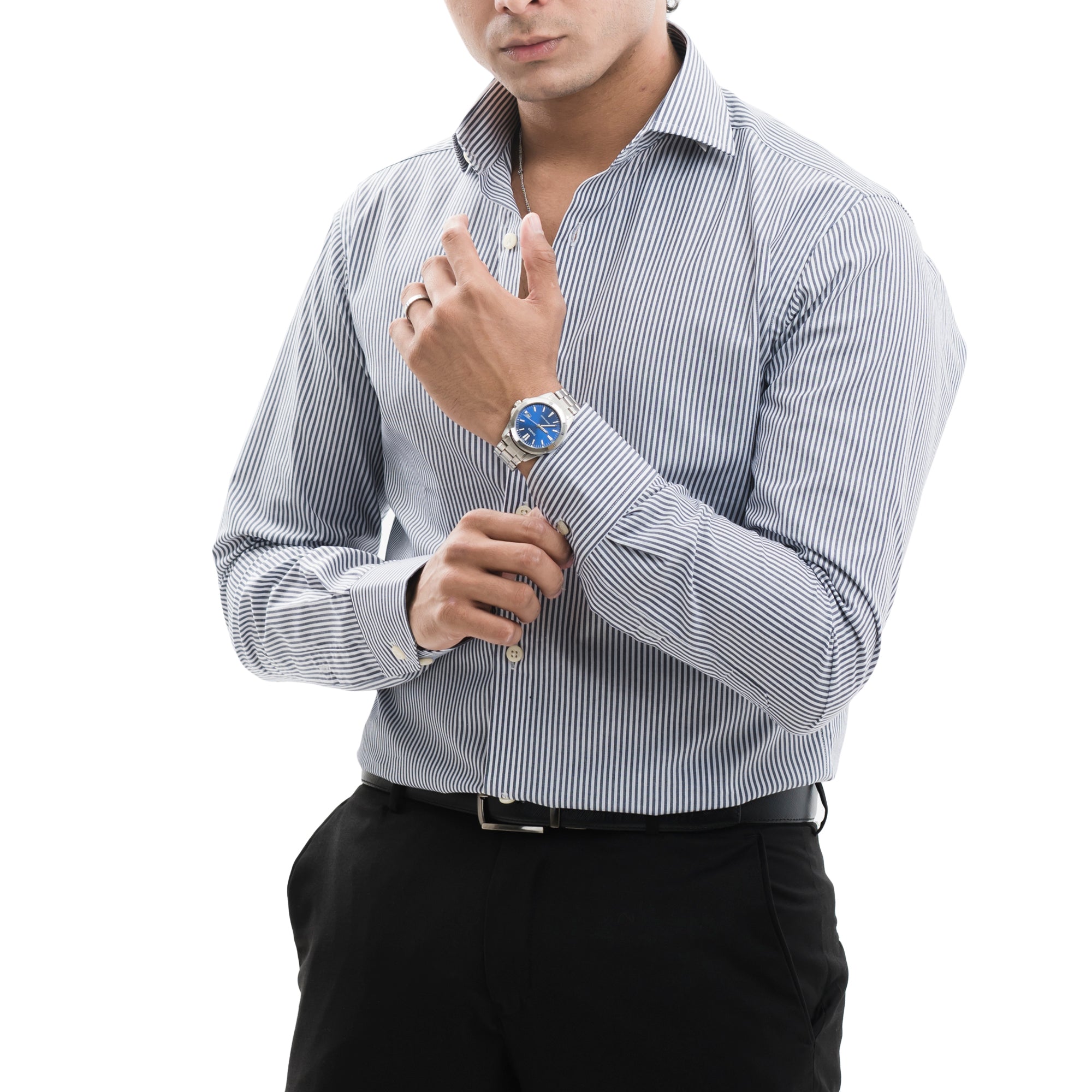 Formal Black and White Bengal-Striped Shirt