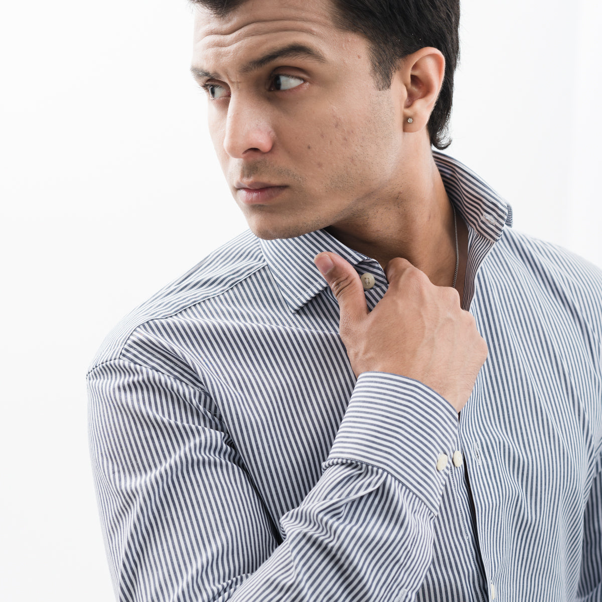 Formal Black and White Bengal-Striped Shirt