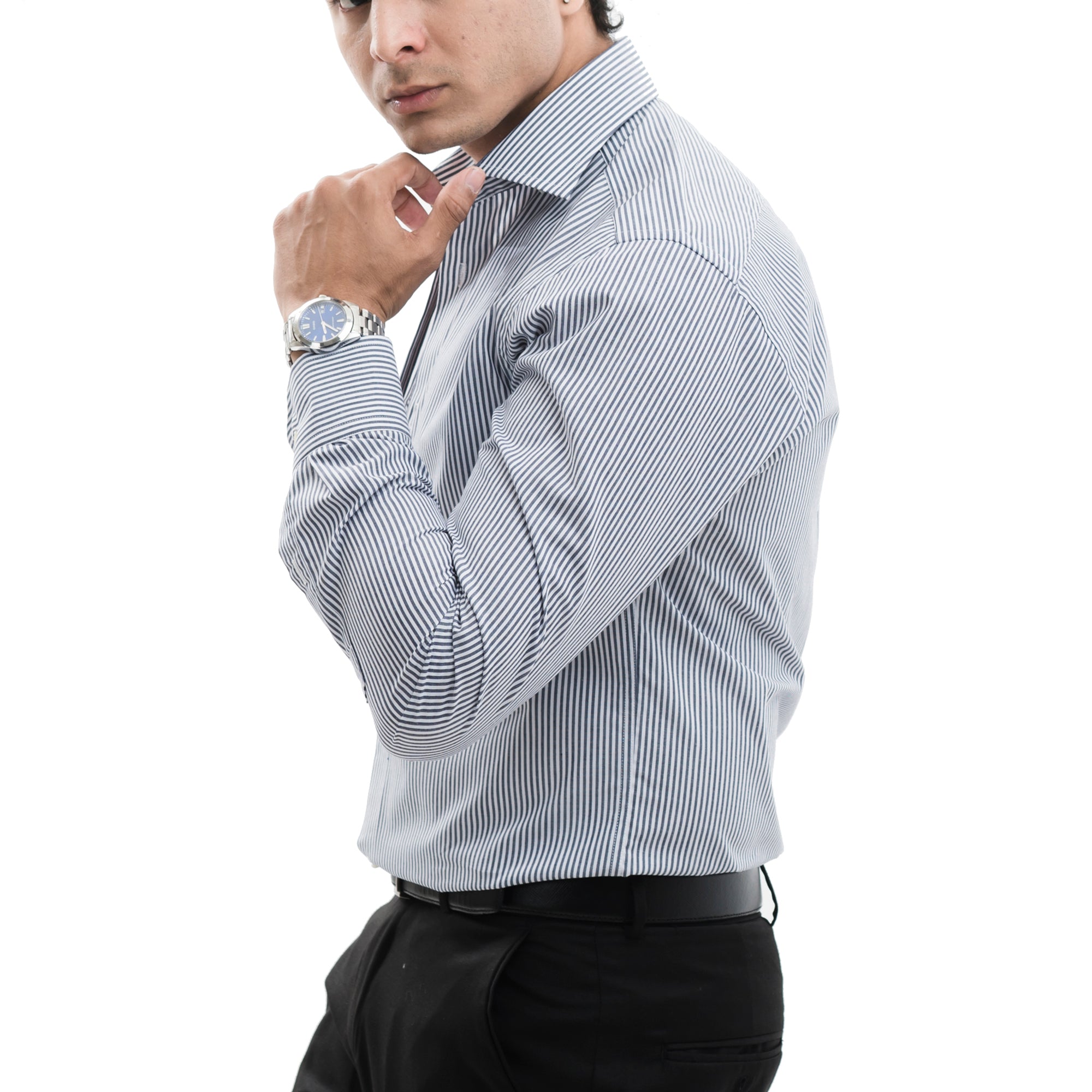 Formal Black and White Bengal-Striped Shirt