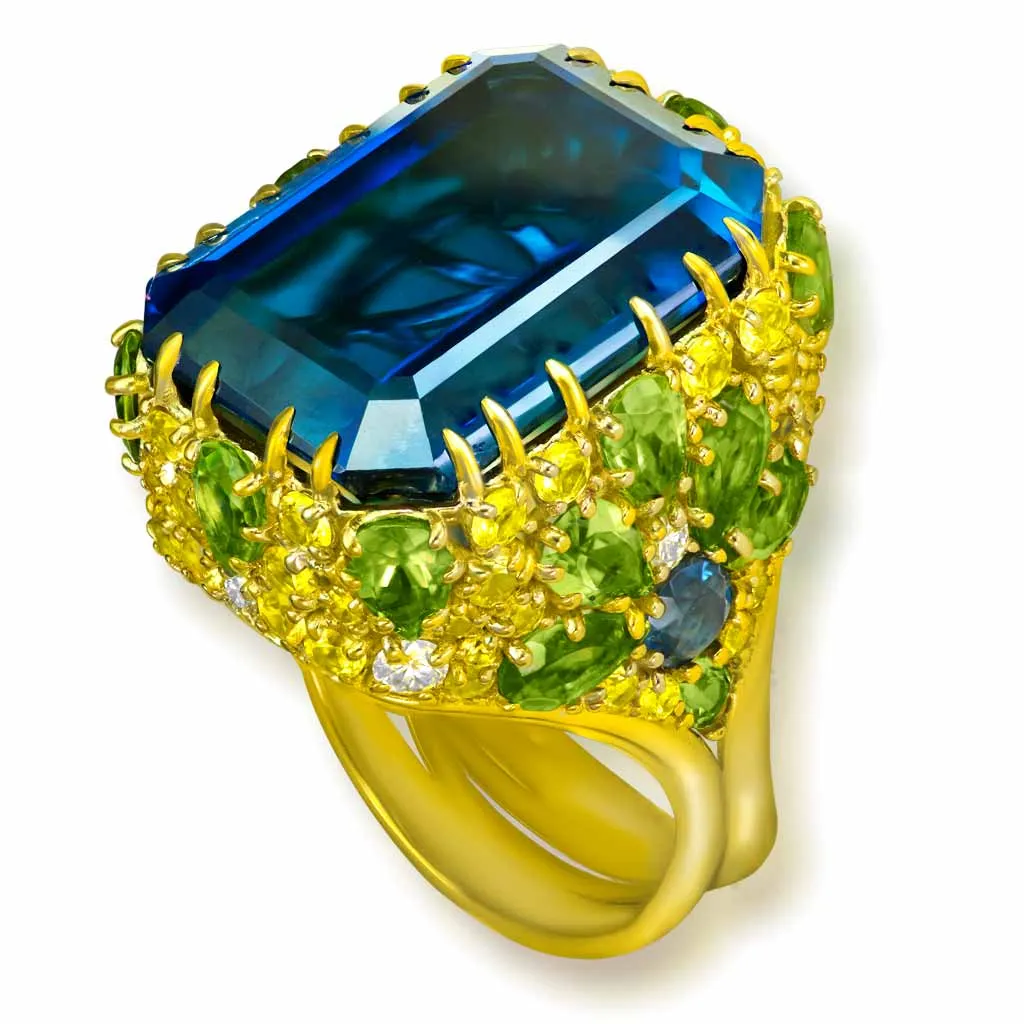 Gold Blossom Ring London Blue Topaz