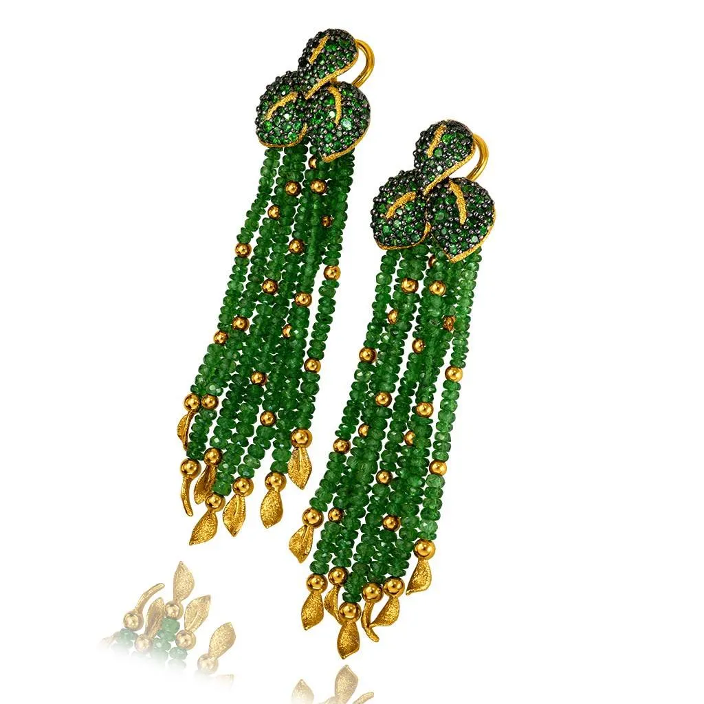 Gold Leaf Tassel Earrings with Tsavorites