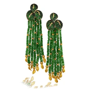 Gold Leaf Tassel Earrings with Tsavorites