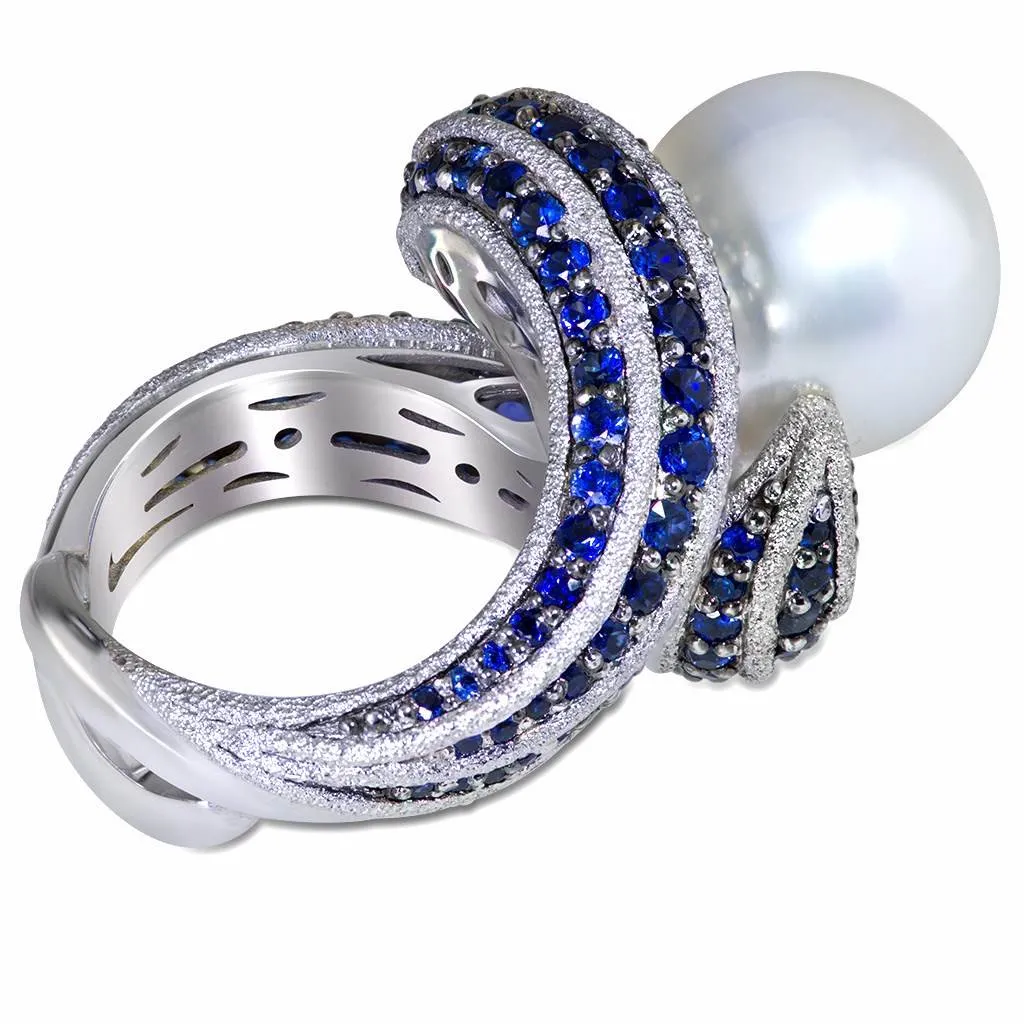 Gold pearl sapphire twist ring