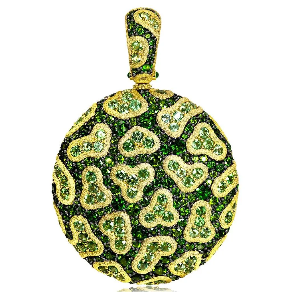 Gold Pendant with Fine Lace Design, Chrome Diopside & Peridots