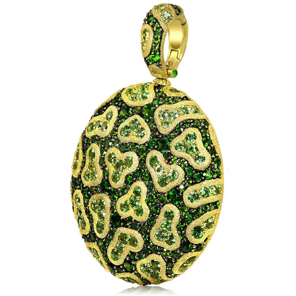 Gold Pendant with Fine Lace Design, Chrome Diopside & Peridots