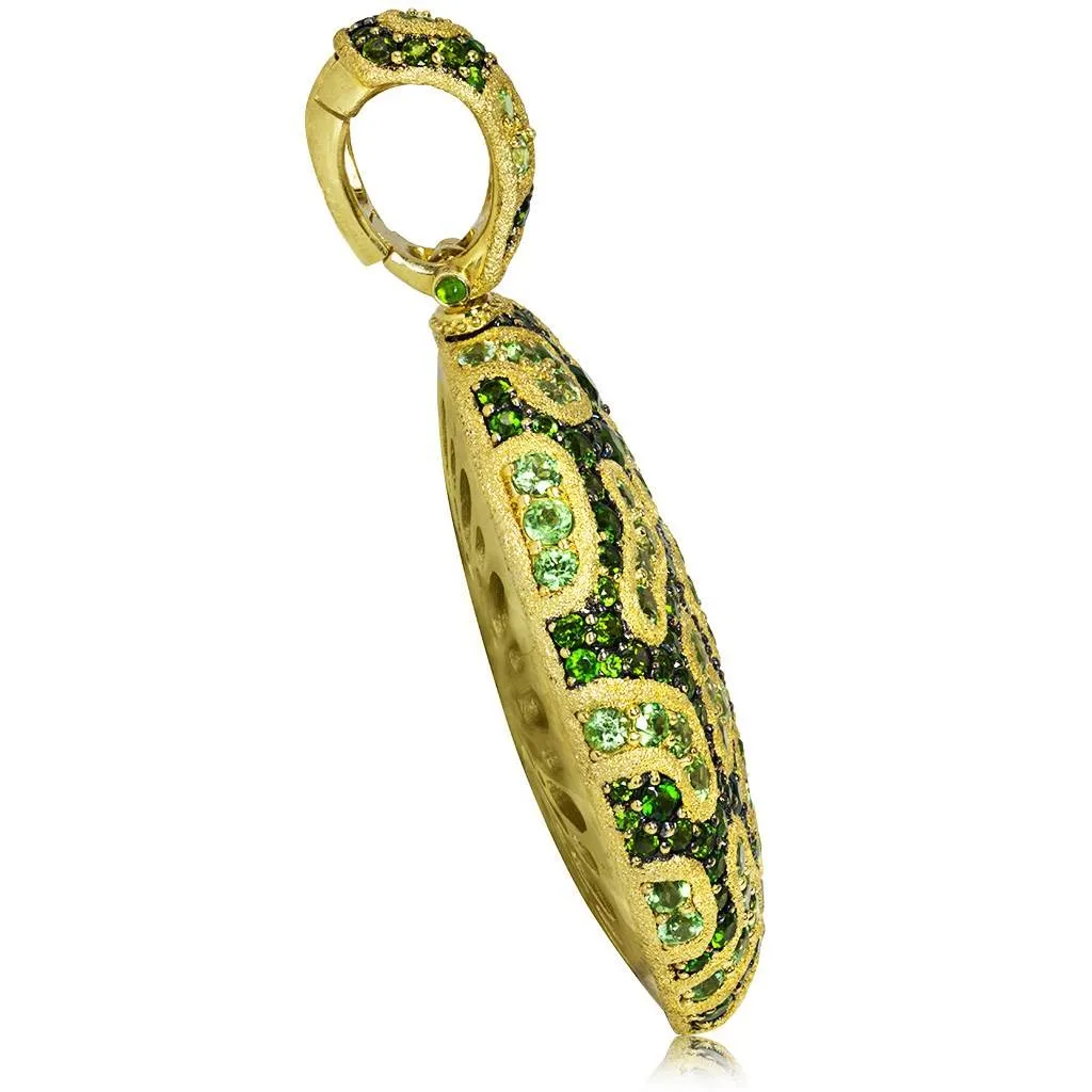 Gold Pendant with Fine Lace Design, Chrome Diopside & Peridots