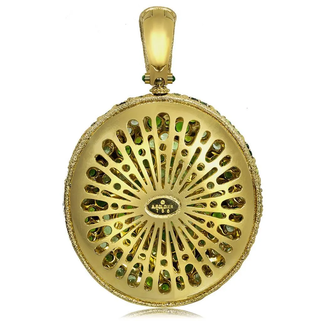 Gold Pendant with Fine Lace Design, Chrome Diopside & Peridots