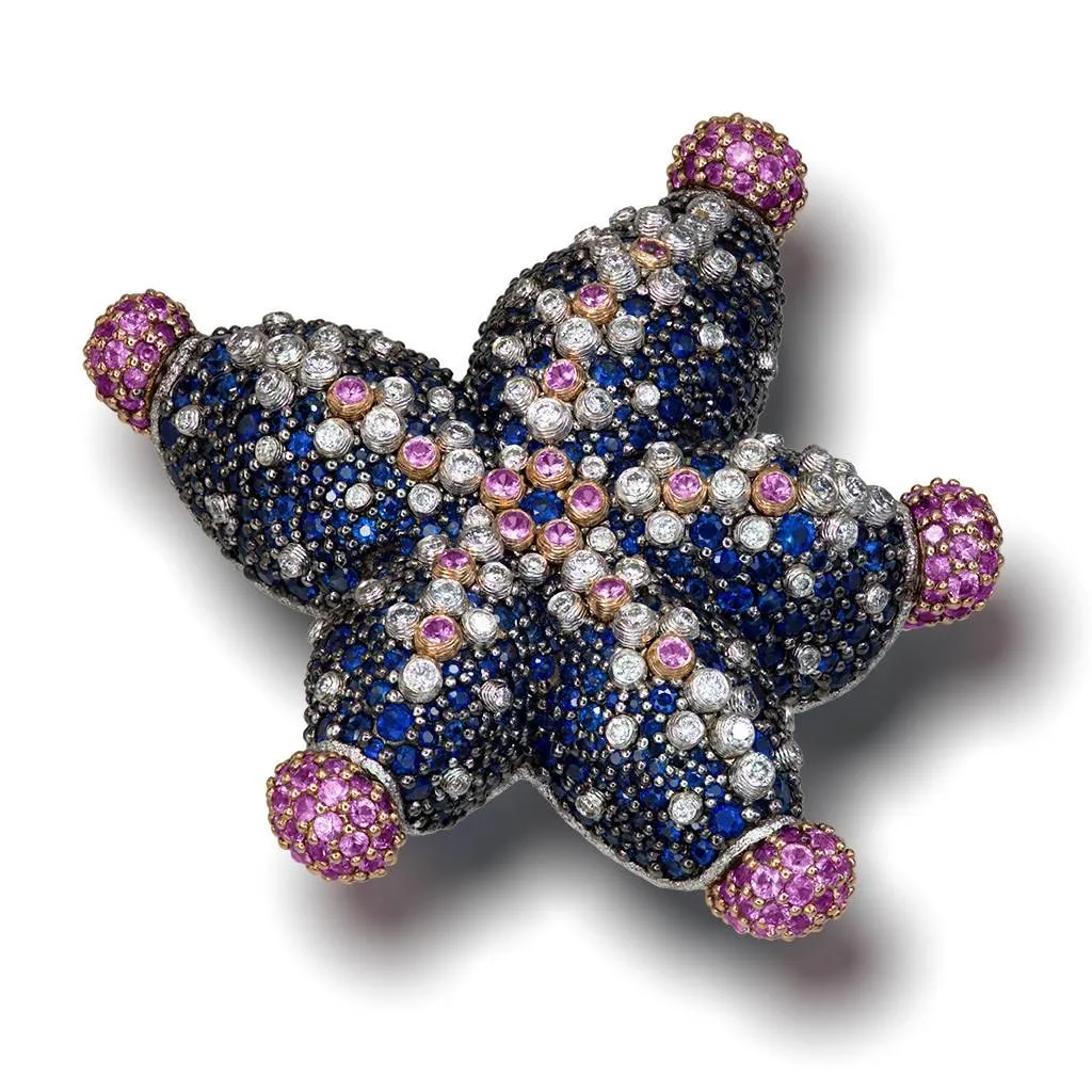 Gold starfish brooch - diamonds sapphires