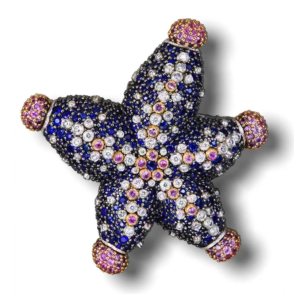 Gold starfish brooch - diamonds sapphires