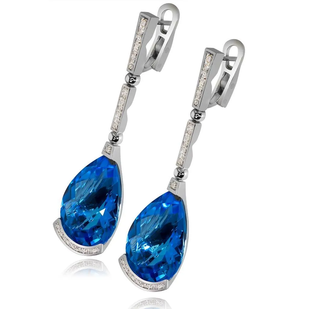 Gold Swan Drop Earrings - Blue Topaz & Diamond