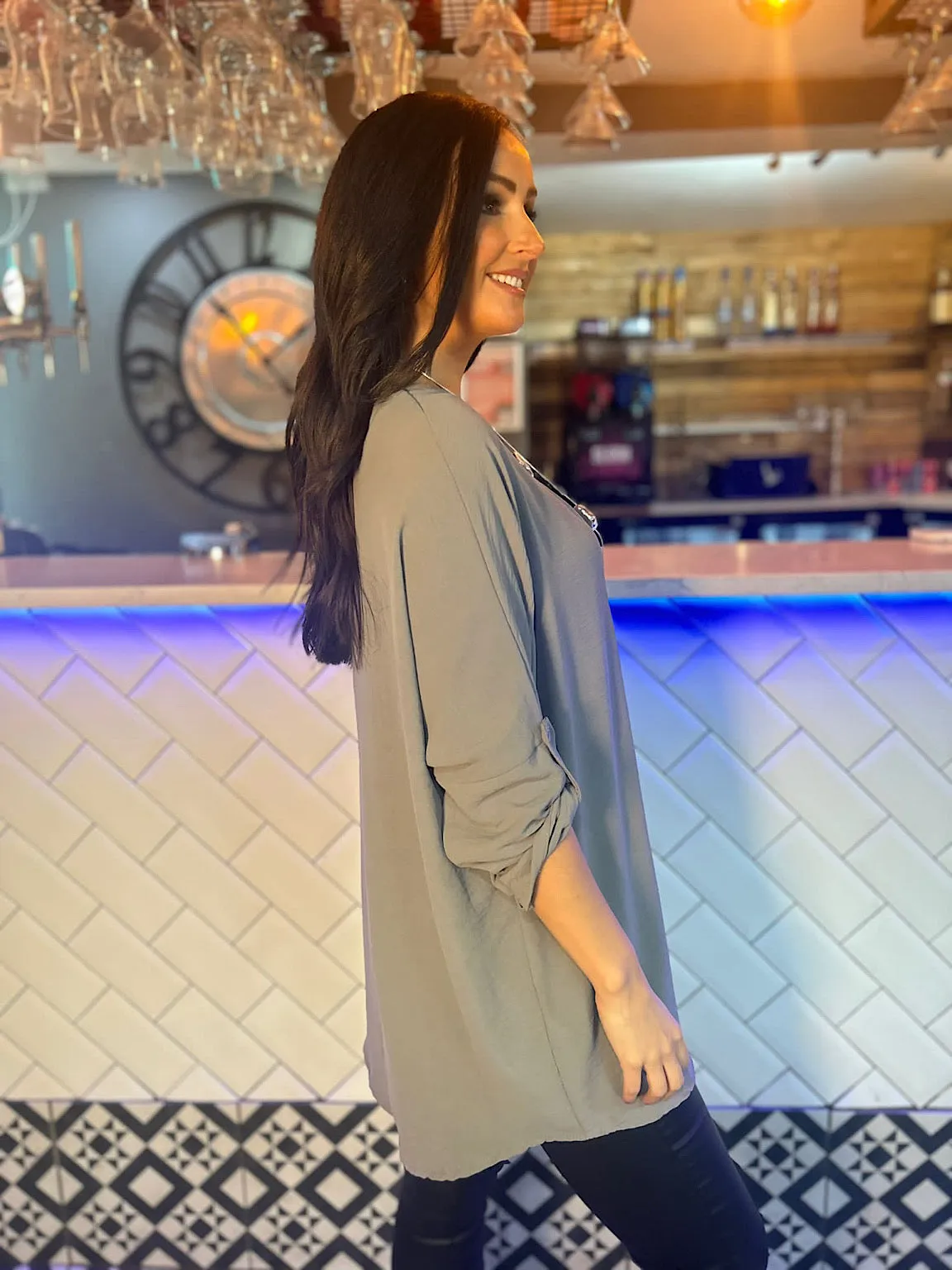 Susan's Grey Crepe Blouse with Button Sleeves