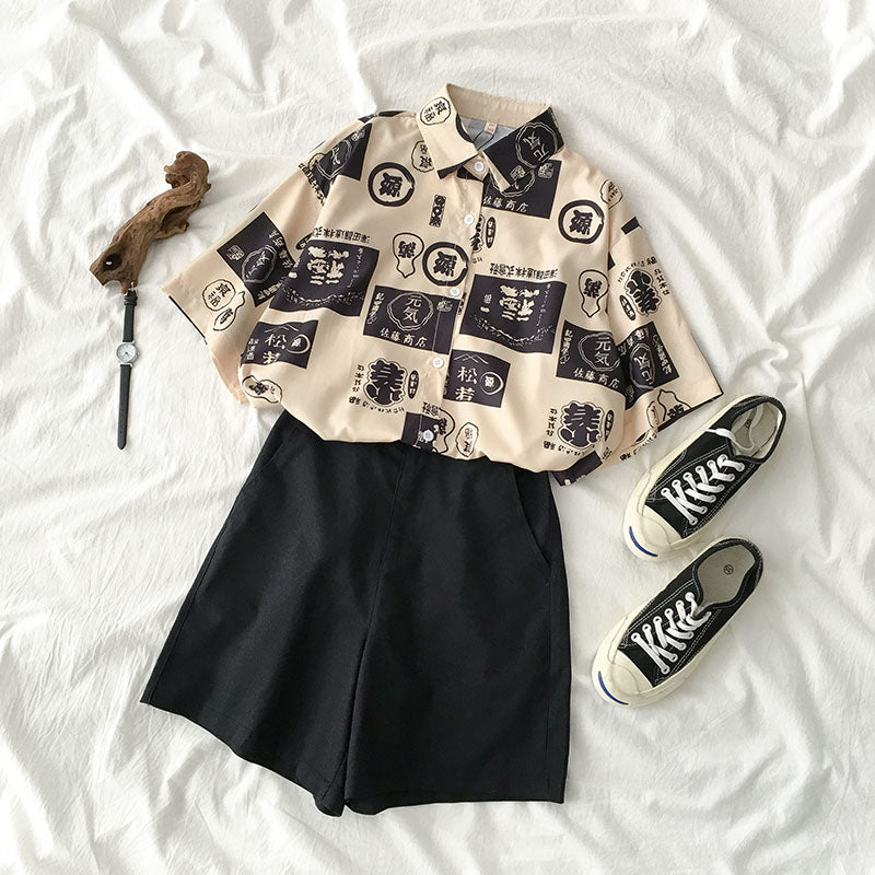 Harajuku Print Shirt and Shorts Suit