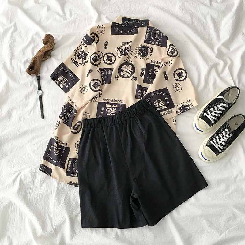 Harajuku Print Shirt and Shorts Suit