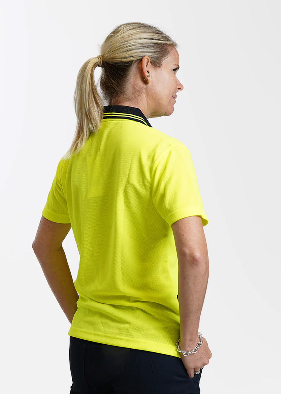 High visibility women's short sleeve polo with buttons.