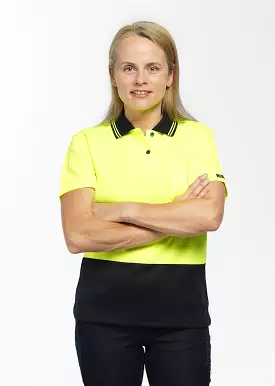 High visibility women's short sleeve polo with buttons.