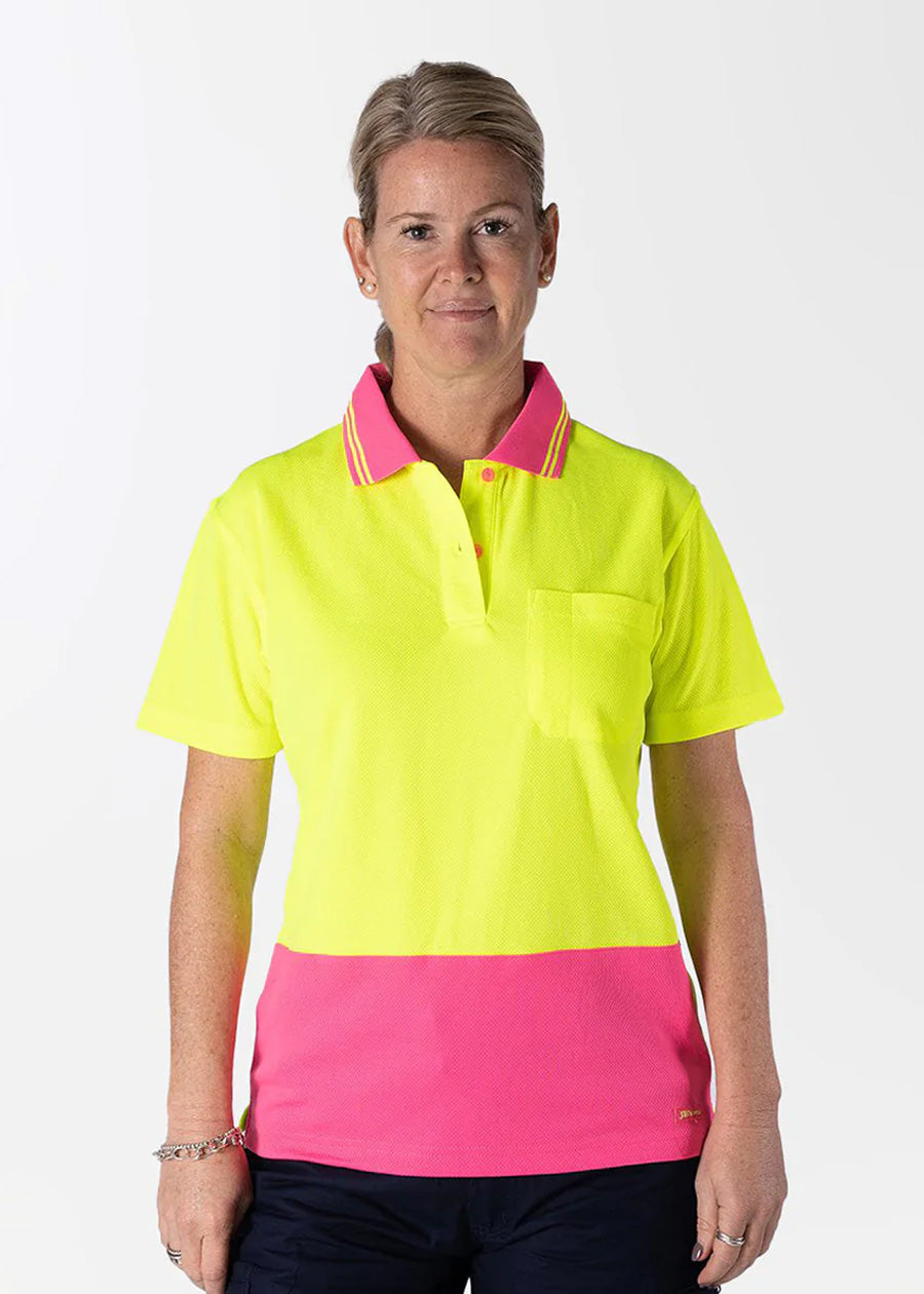 High visibility women's short sleeve polo with buttons.