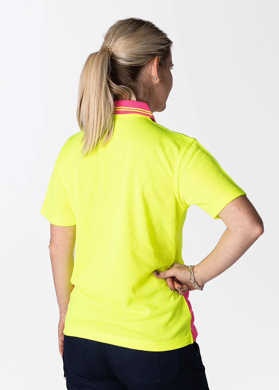 High visibility women's short sleeve polo with buttons.