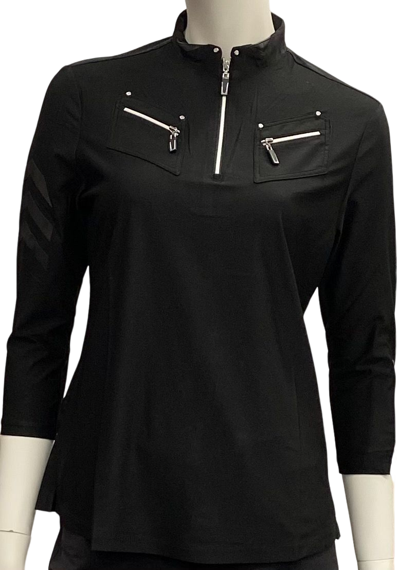 Jamie Sadock 3/4 Sleeve Polo with Zipper in Black