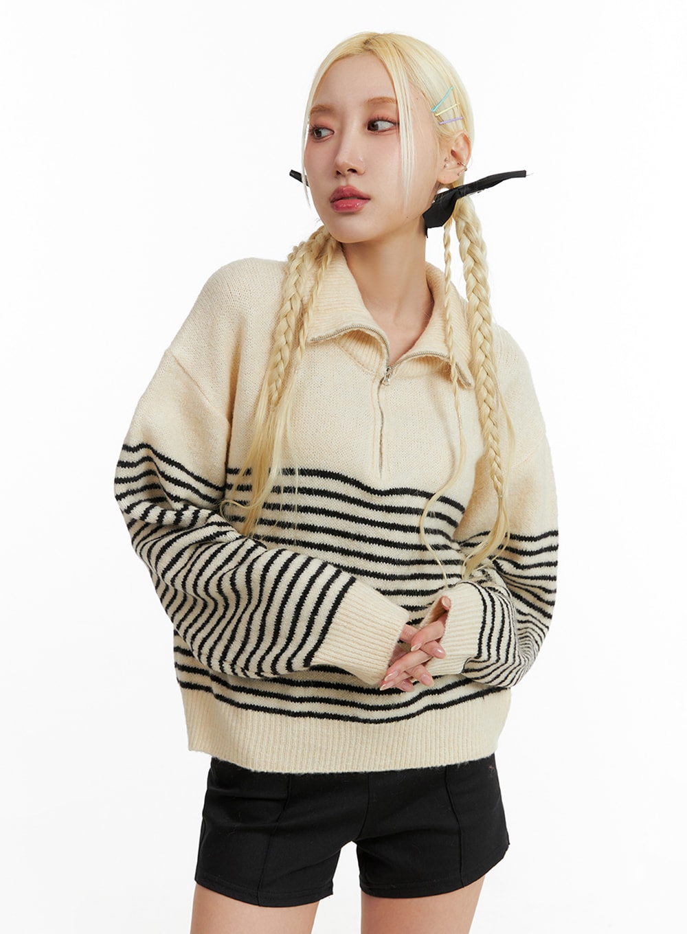 Knit Polo Top, Striped Collar IF408