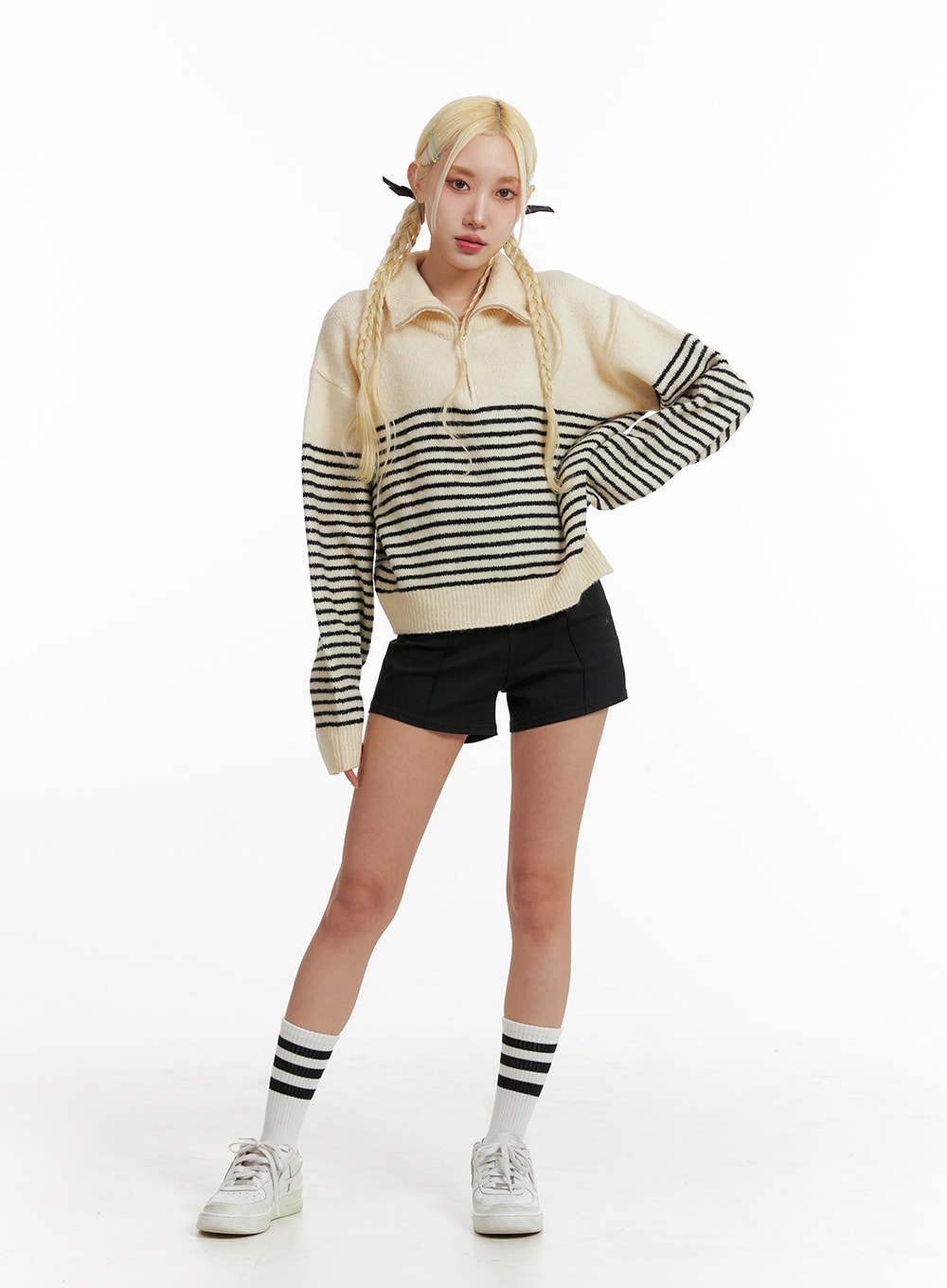 Knit Polo Top, Striped Collar IF408