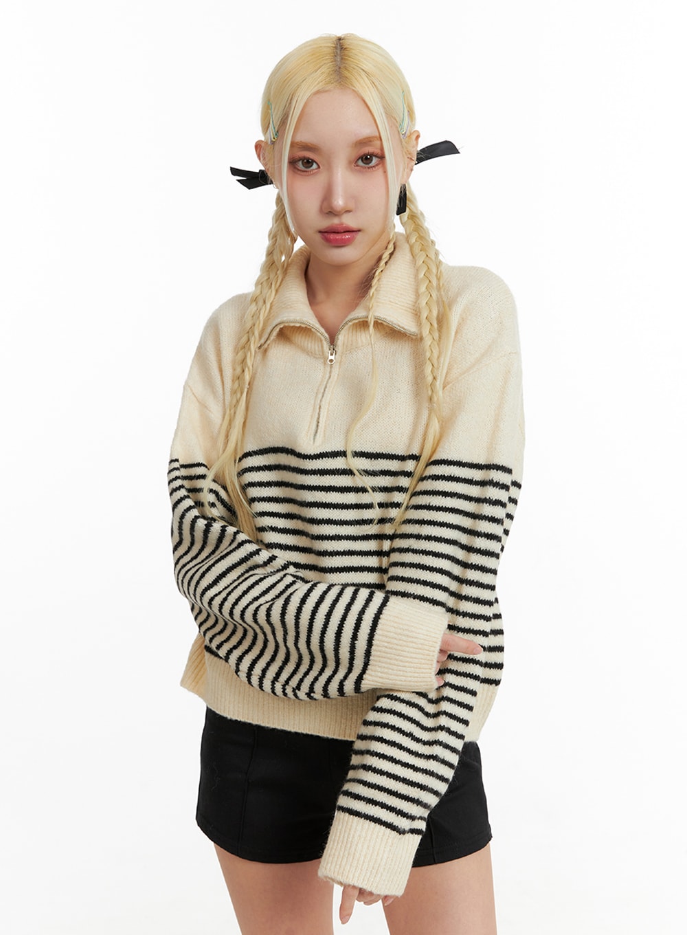 Knit Polo Top, Striped Collar IF408