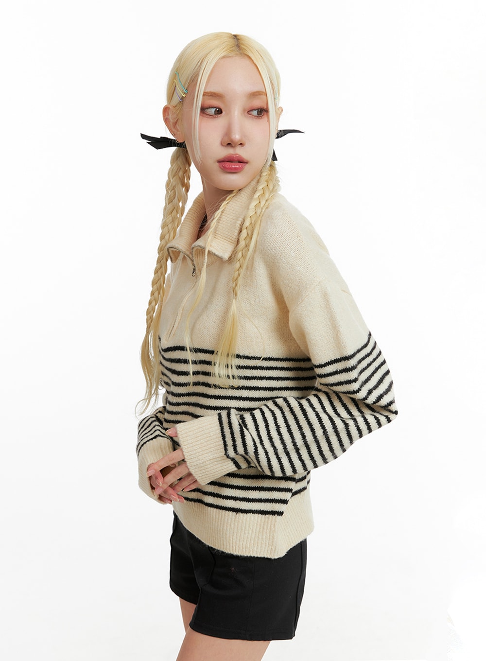 Knit Polo Top, Striped Collar IF408