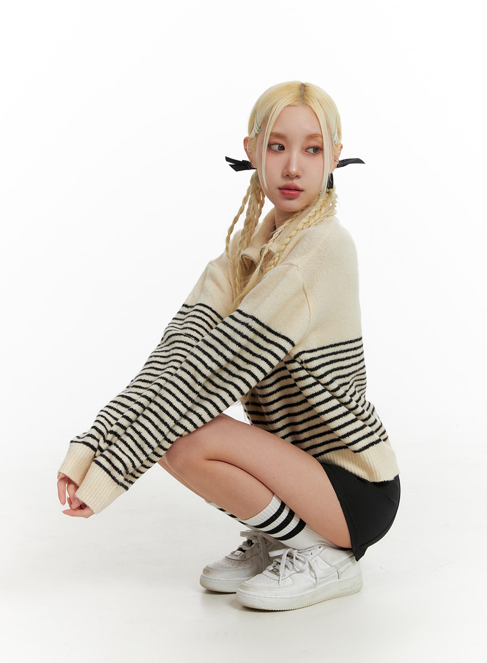 Knit Polo Top, Striped Collar IF408